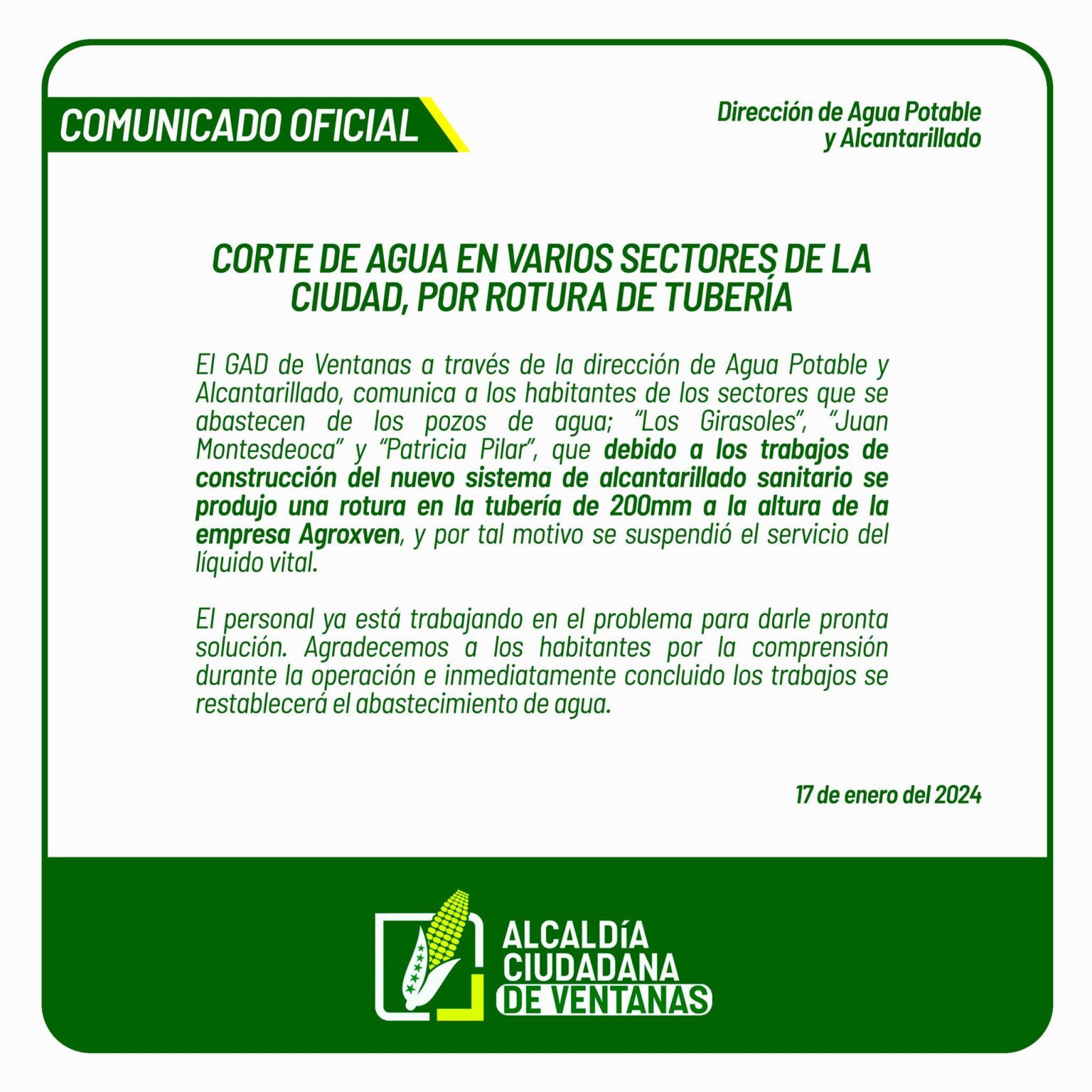 Corte de agua en varios sectores de la ciudad, por rotura de tubería ...